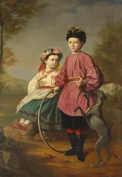 Geschwister mit Windhund und Reifen